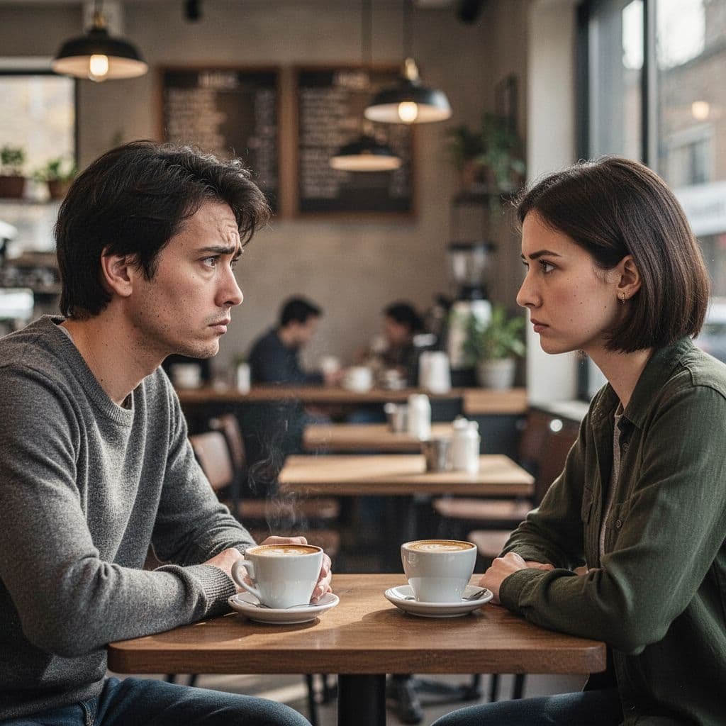 Person with confused expression sits opposite unreadable face in blurred coffee shop.