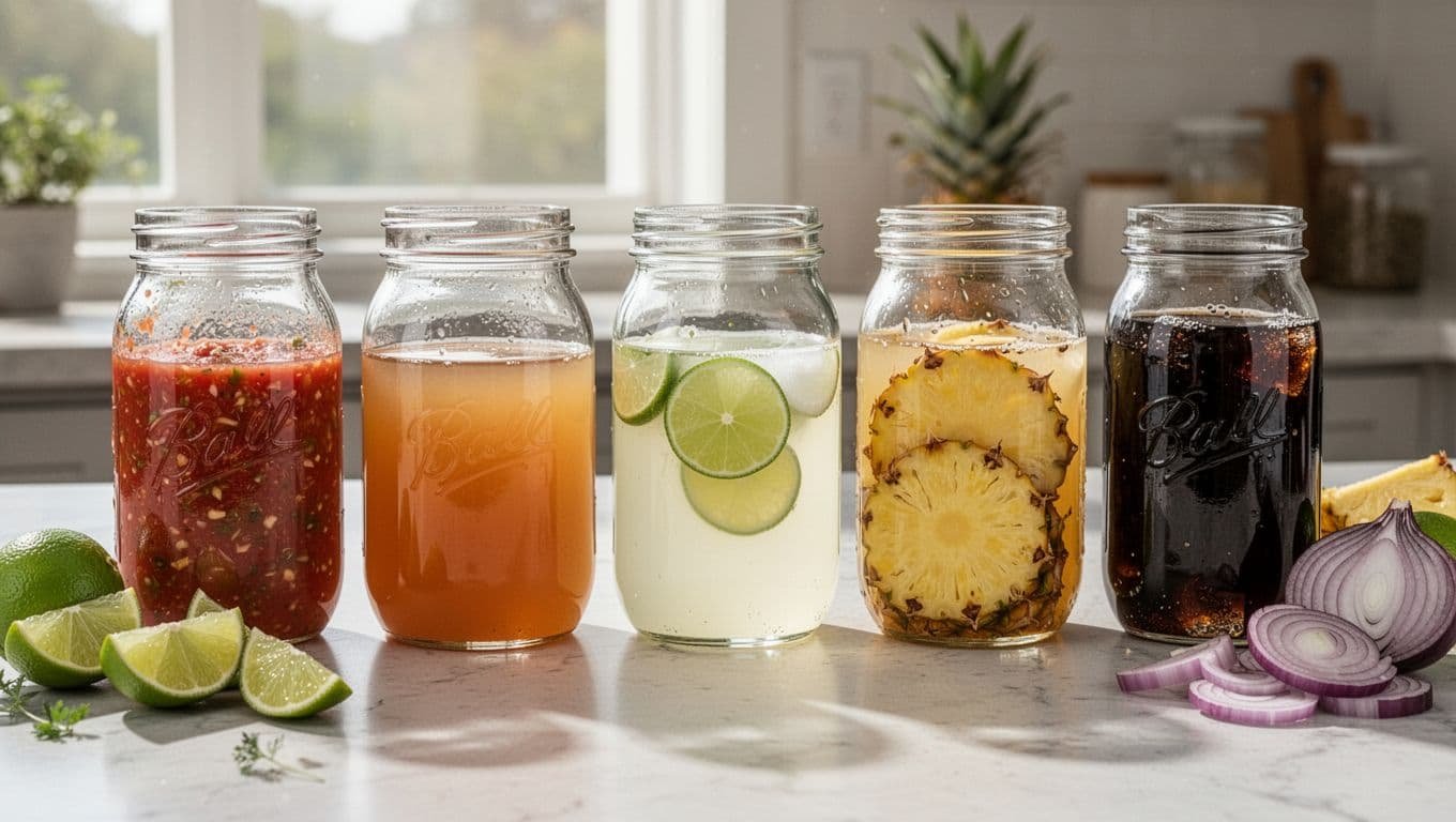Row of five clear glass jars with salsa, chicken broth, lime juice, pineapple juice, and cola on kitchen counter with lime halves and onion.