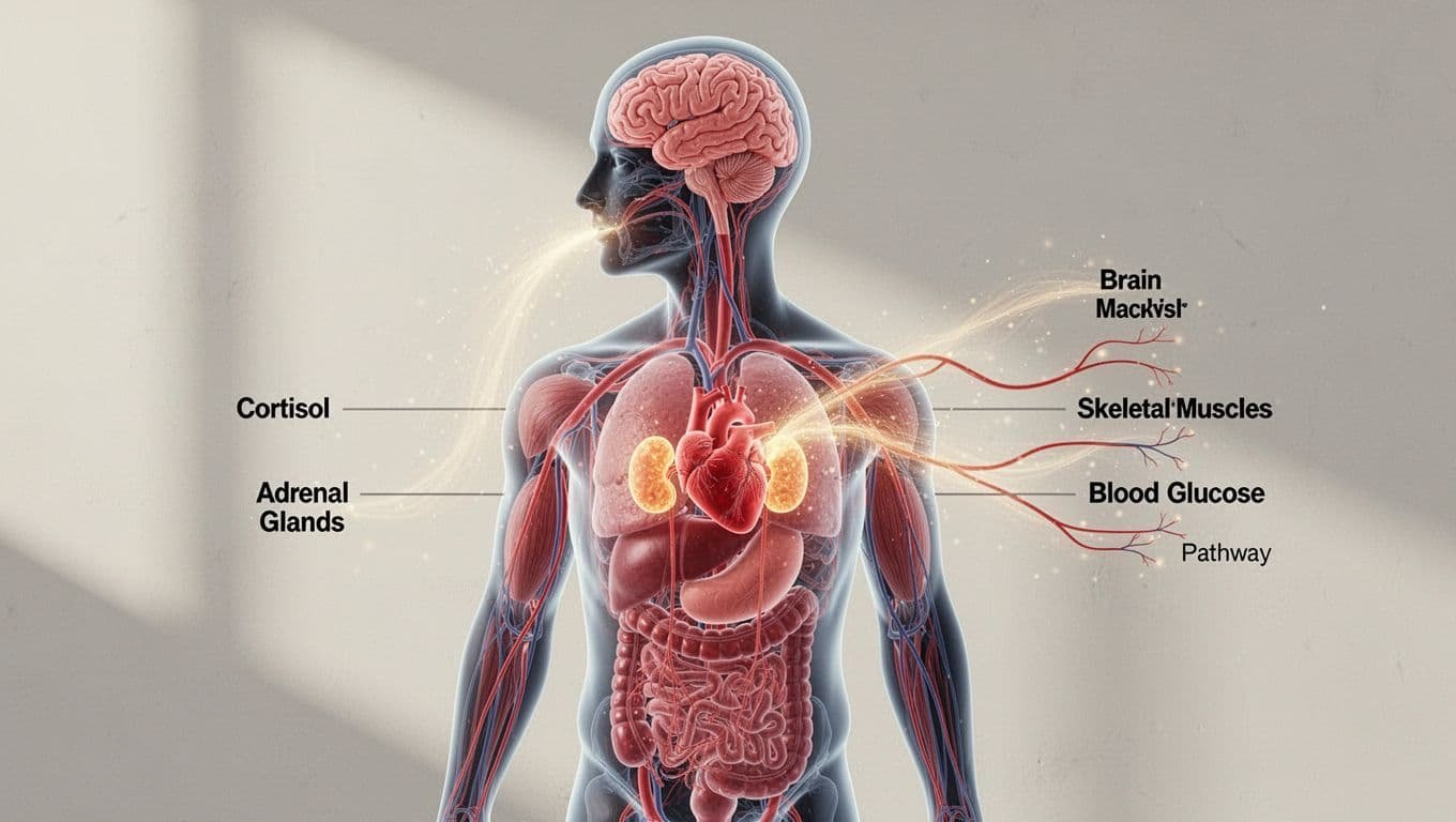 Side-profile human figure shows adrenal glands on kidneys releasing cortisol into bloodstream with arrows to heart, muscles, brain, and glucose.