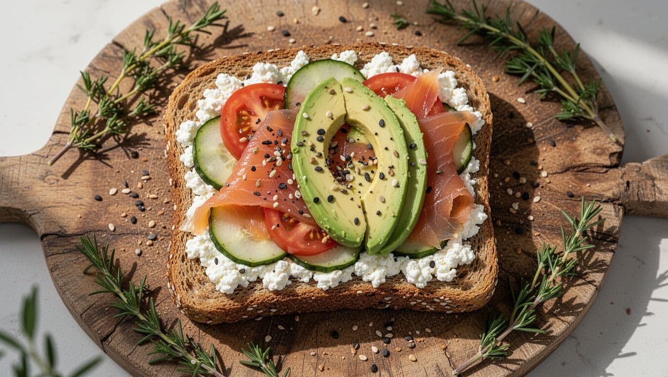 Whole grain toast topped with cottage cheese, sliced tomatoes, cucumber rounds, smoked salmon, avocado slices, and everything bagel seasoning on rustic wooden board with fresh herbs.