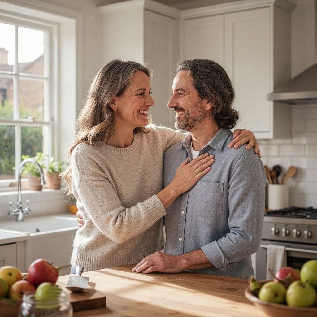 A couple smiles in a sunlit kitchen, one hand on the other's shoulder.