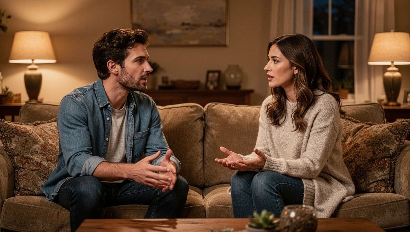 Couple faces each other on couch in warmly lit evening living room, one speaks earnestly as other listens with engagement.