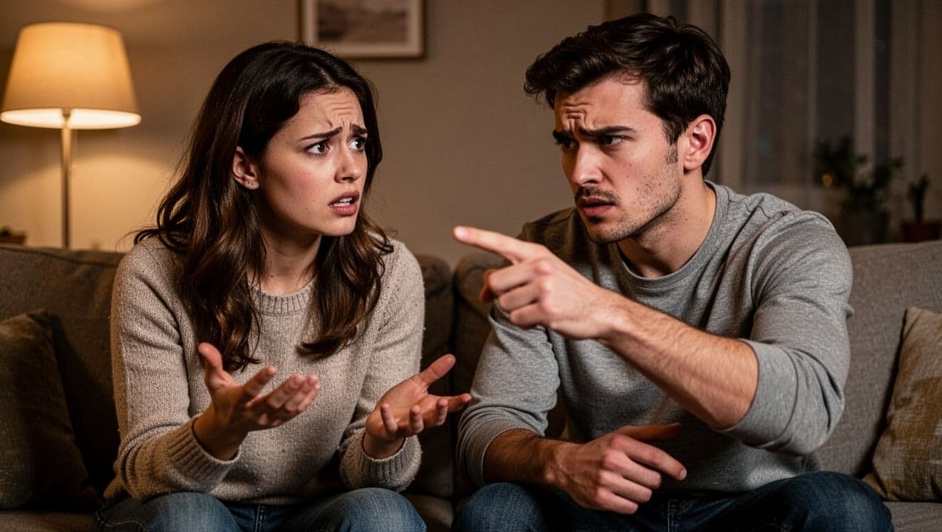 Young couple argues on evening living room couch, woman gesturing calmly as man points defensively.