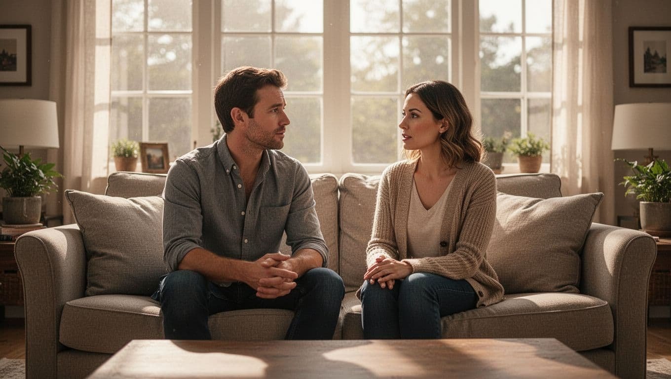 Man and woman sit on couch in sunlit living room, conversing calmly.