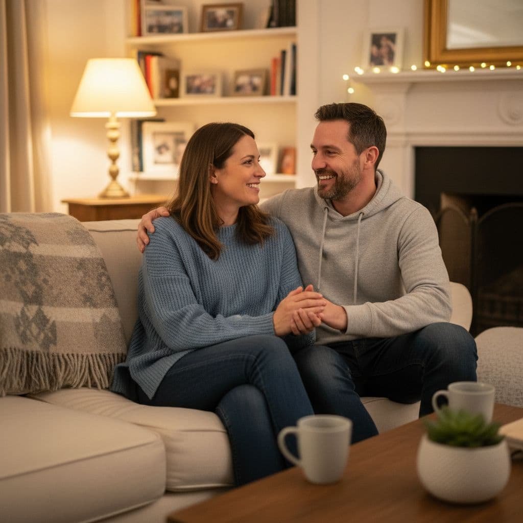 A man and woman sit smiling on a couch in a living room, talking face-to-face.