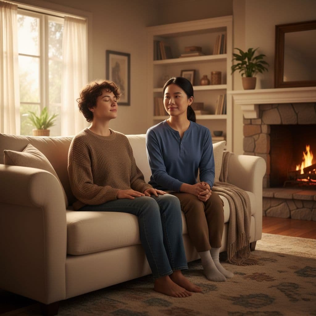 A couple sits in a cozy living room at sunset, one breathing deeply while the other watches patiently.
