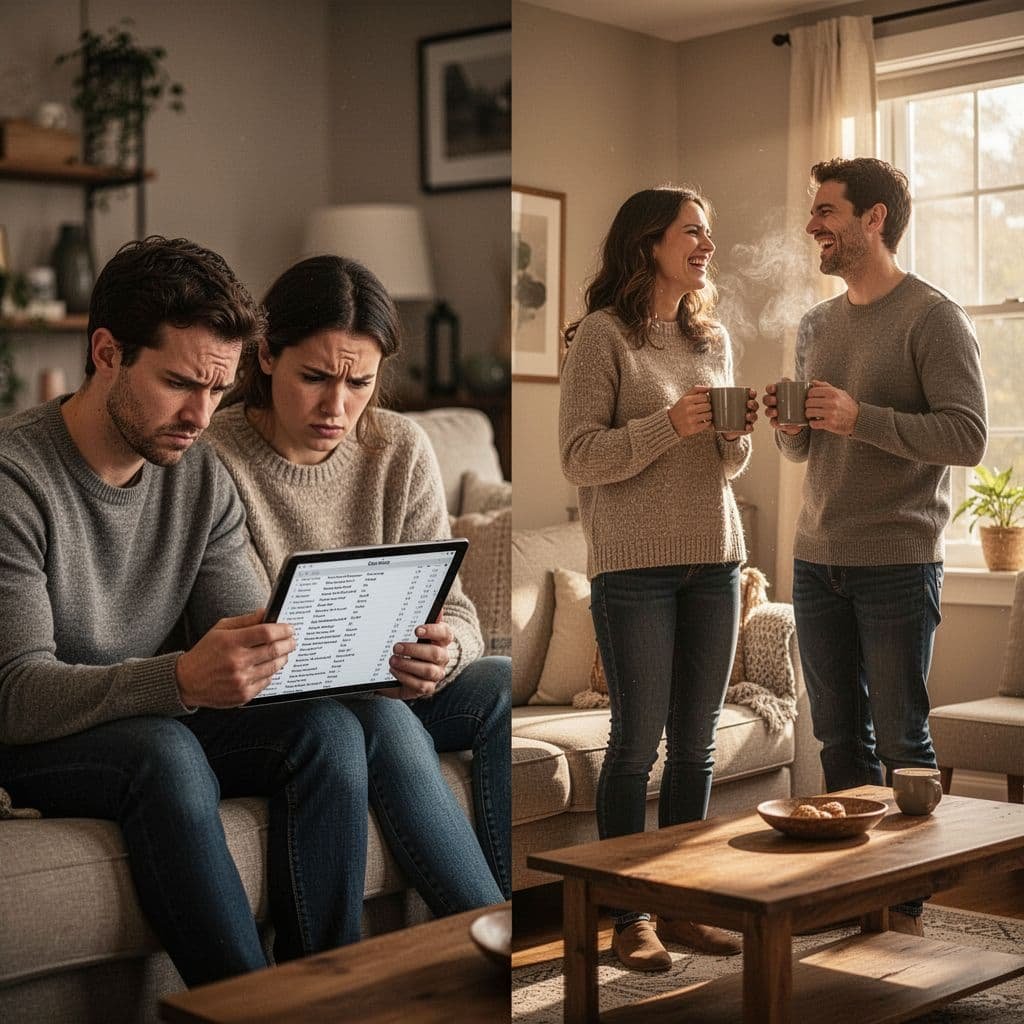 A split-screen illustration compares a couple stressed over a tablet to the same couple laughing together naturally.