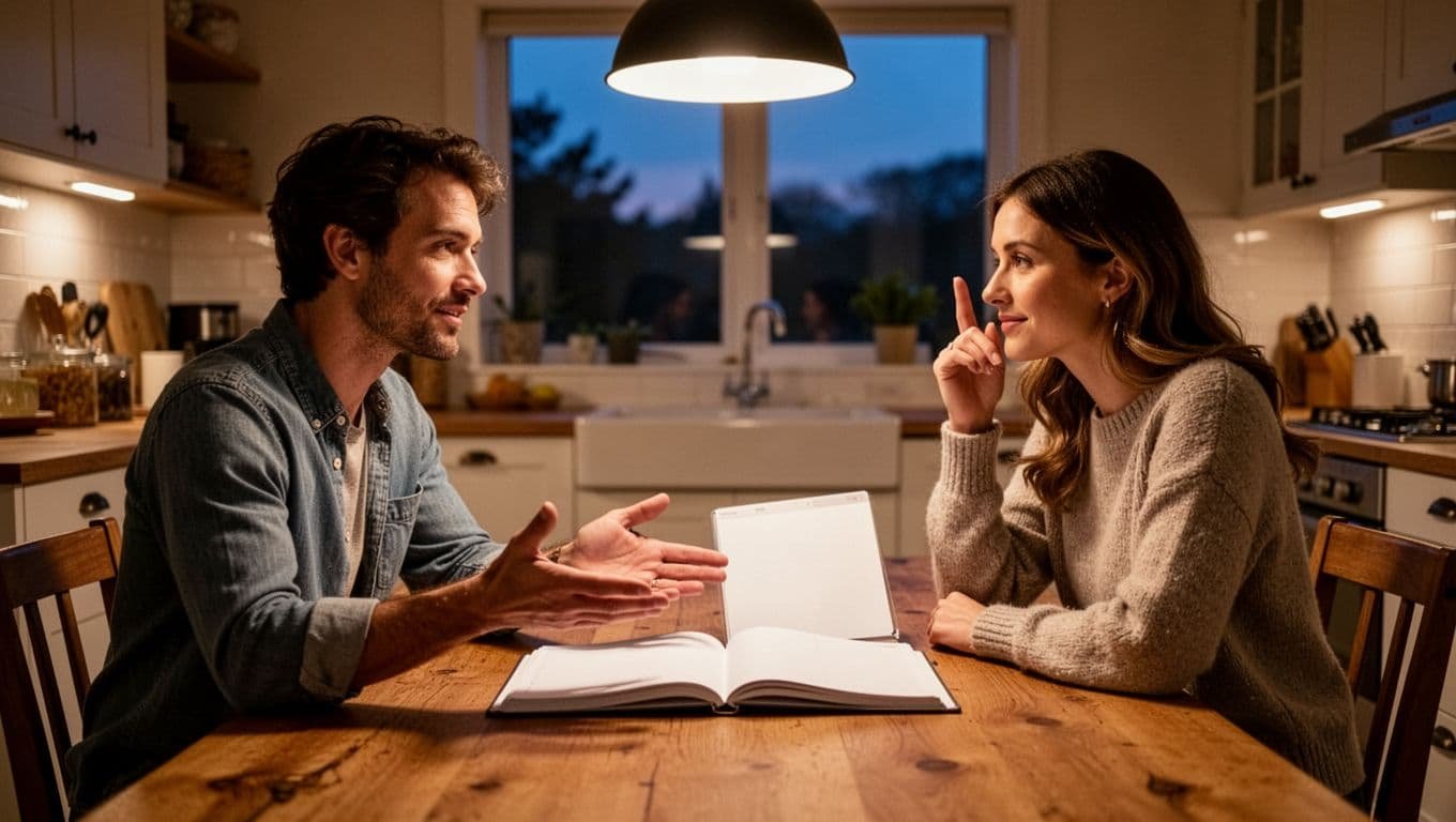 Couple sits across wooden dining table in cozy kitchen at dusk, one gesturing to shared planner as the other nods attentively.