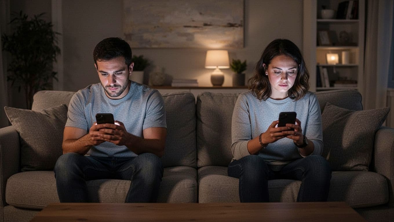 A man and woman sit on opposite ends of a couch, focused on their glowing phone screens.