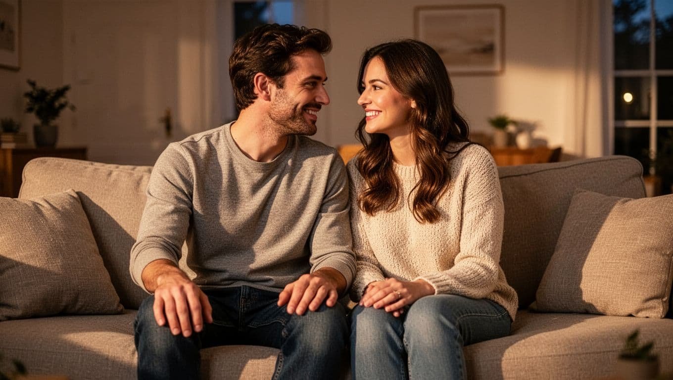 Man and woman in late 20s sit close on couch in softly lit living room, sharing eye contact and smiles with relaxed postures.