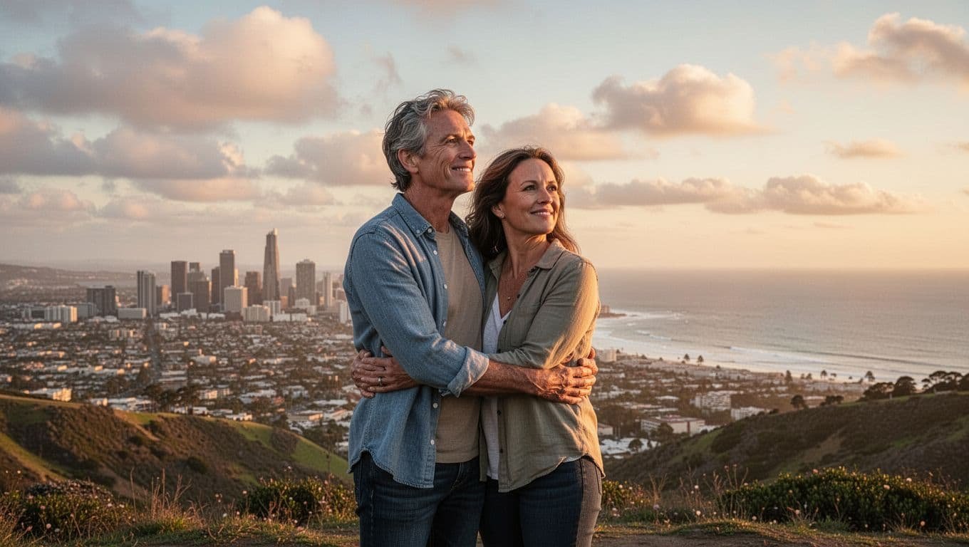 Couple in 40s stands arm-in-arm on hilltop overlooking city skyline and ocean at golden hour sunset.