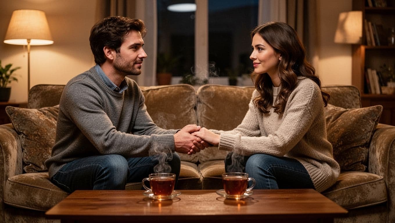 Couple in late 20s sits face-to-face on couch, holding hands across tea table in softly lit evening living room.