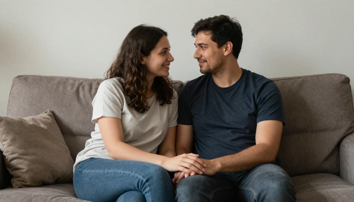 Couple sits close on couch in cozy home, holding hands.