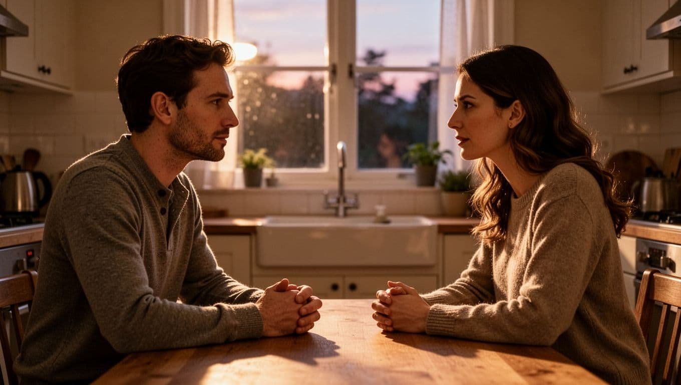 A couple sits face-to-face at a kitchen table in soft evening light, hands relaxed, with warm expressions.