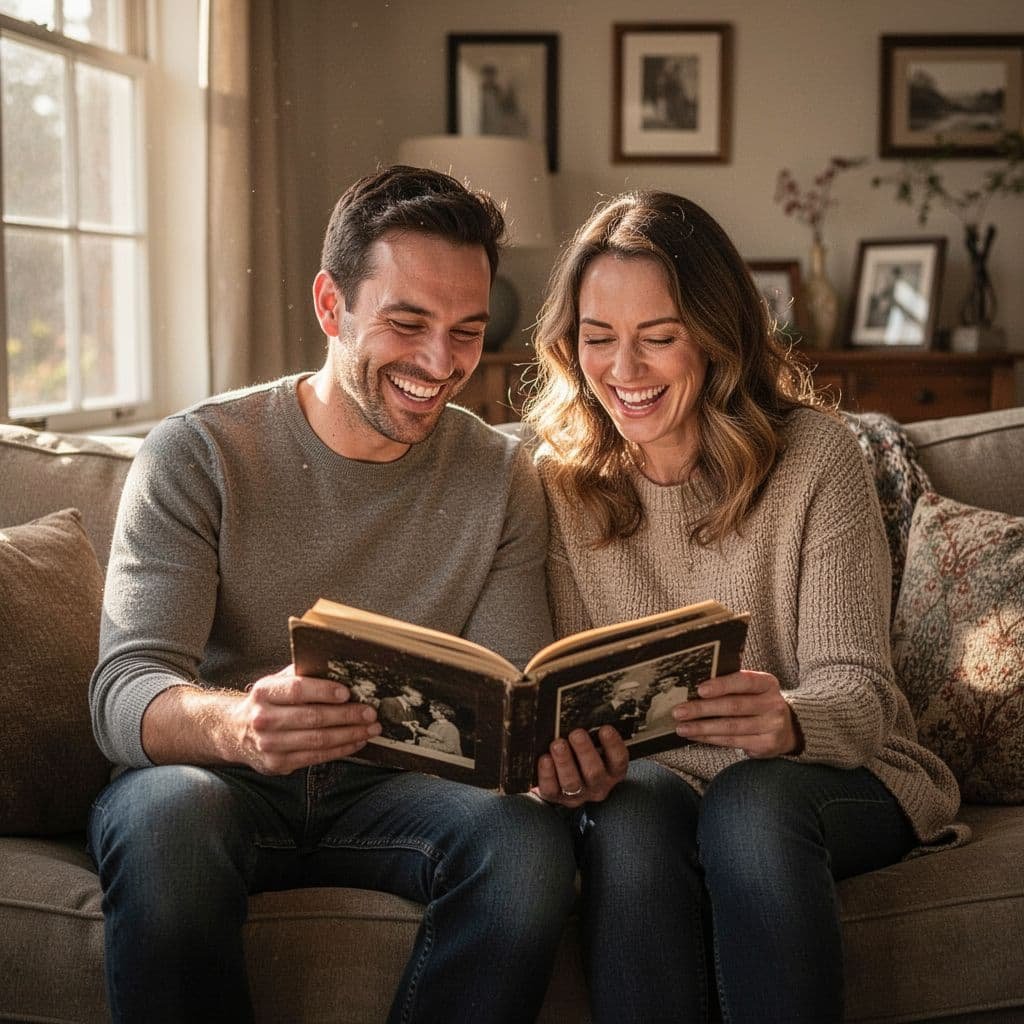 Couple sits on couch in sunlit living room, laughing over old photo album.