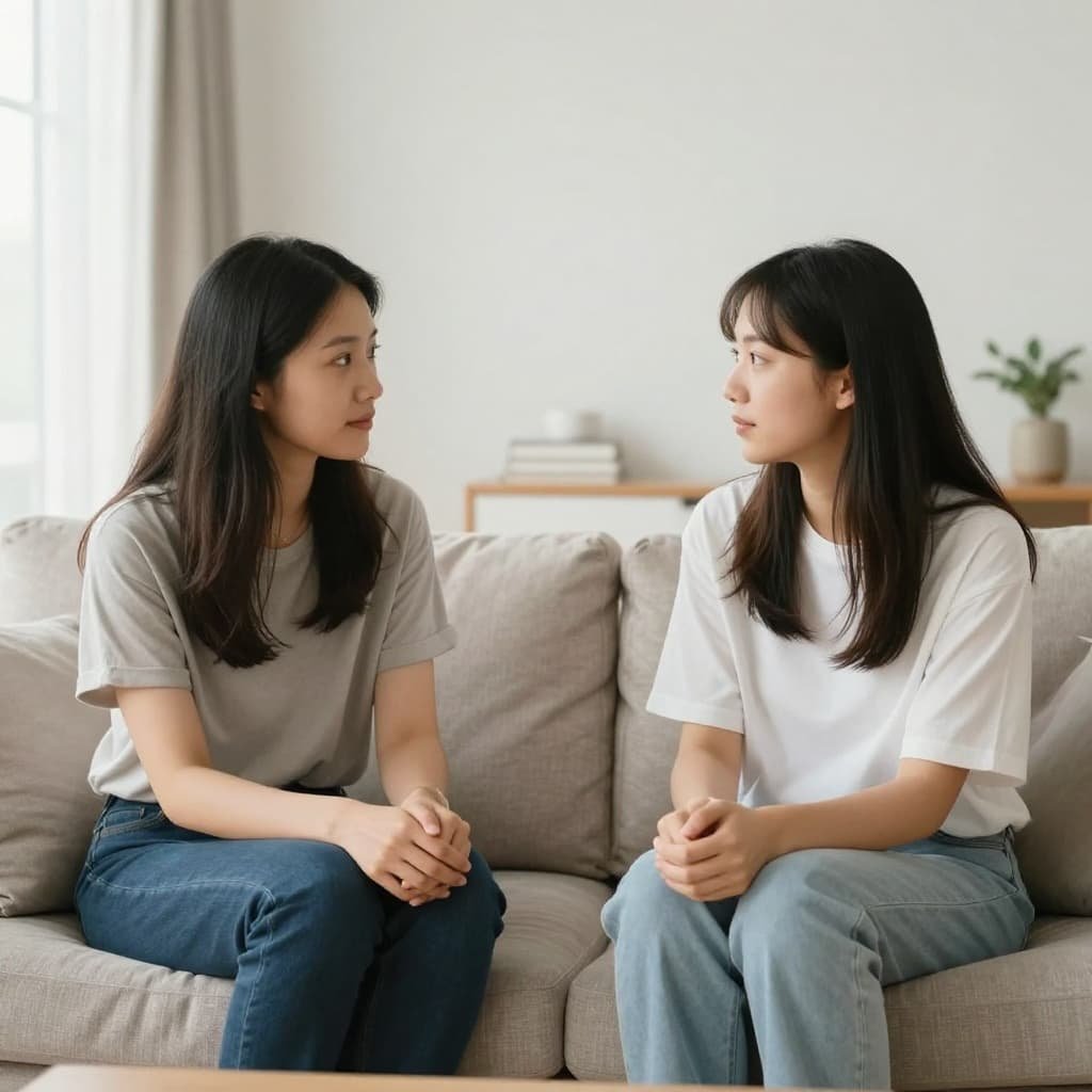 Man and woman face each other on sofa in bright modern living room.