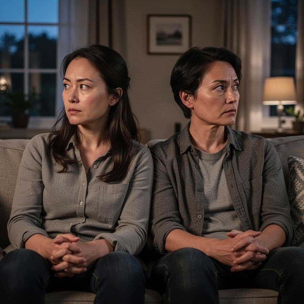 Two people sit close on a living room couch, looking in opposite directions under dim evening light.