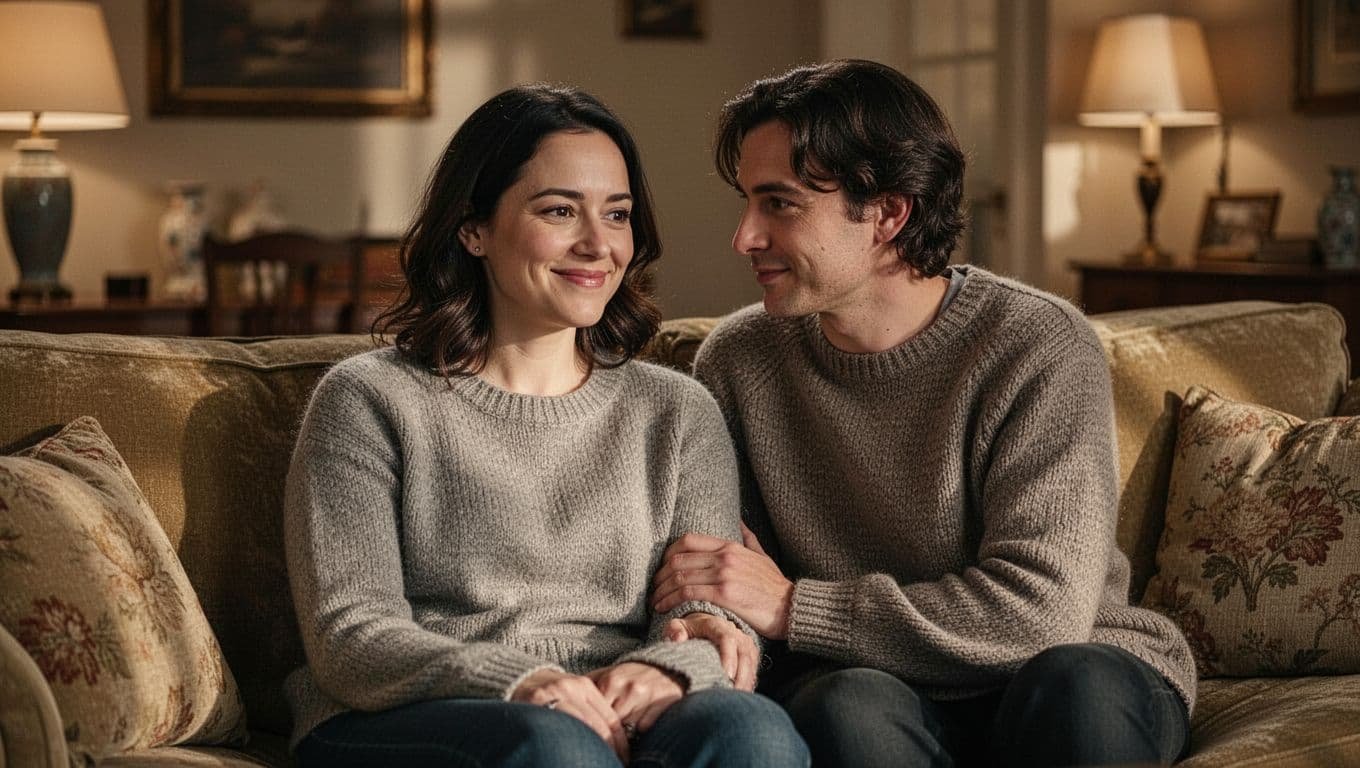 Couple sits close on cozy couch in warm living room, one smiling relaxed, other leaning in with hand on arm.