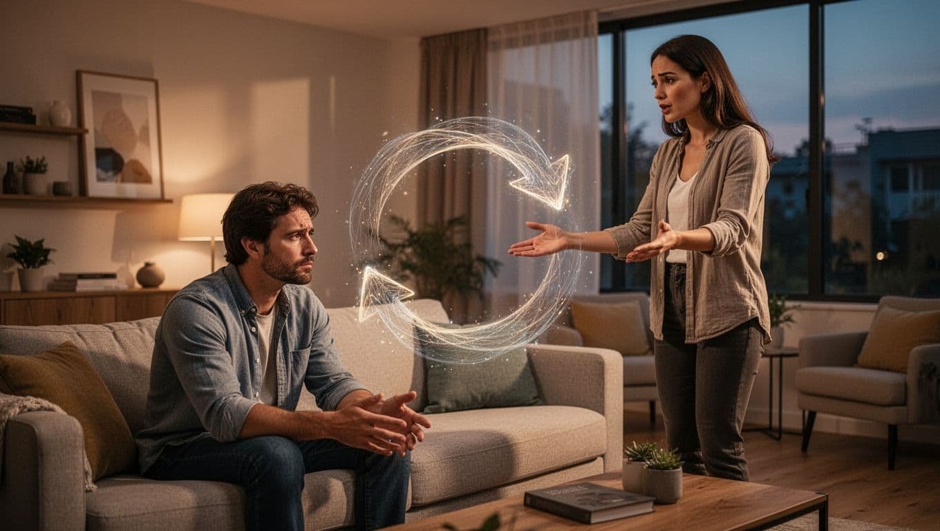 Dejected man sits on couch looking away as woman stands pleading with outstretched arms, faint swirling cycle pattern between them in evening-lit living room.