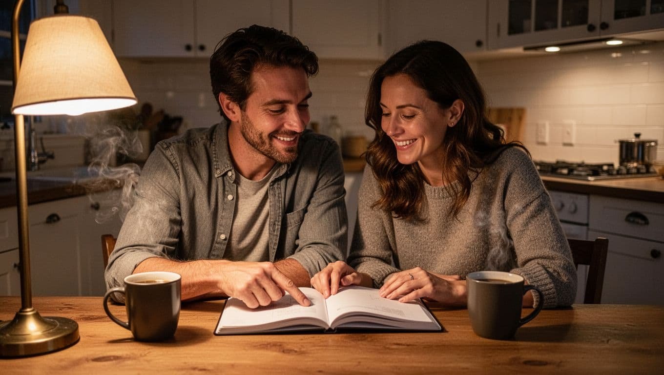 Relaxed couple at evening kitchen table; one points to notebook page, other smiles and listens amid warm lamp light and coffee mugs.