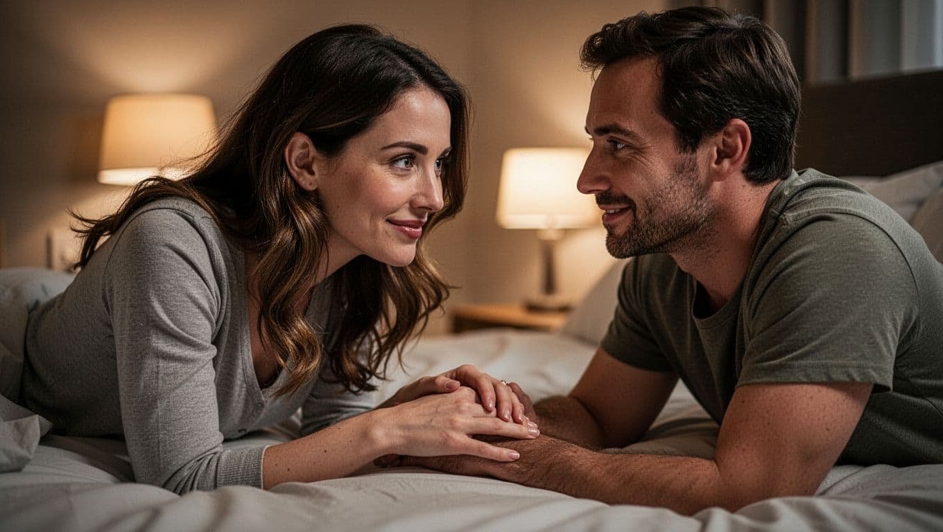 Close-up of 30s couple facing each other on bed in dim bedroom, leaning in with smiles and arm touch.