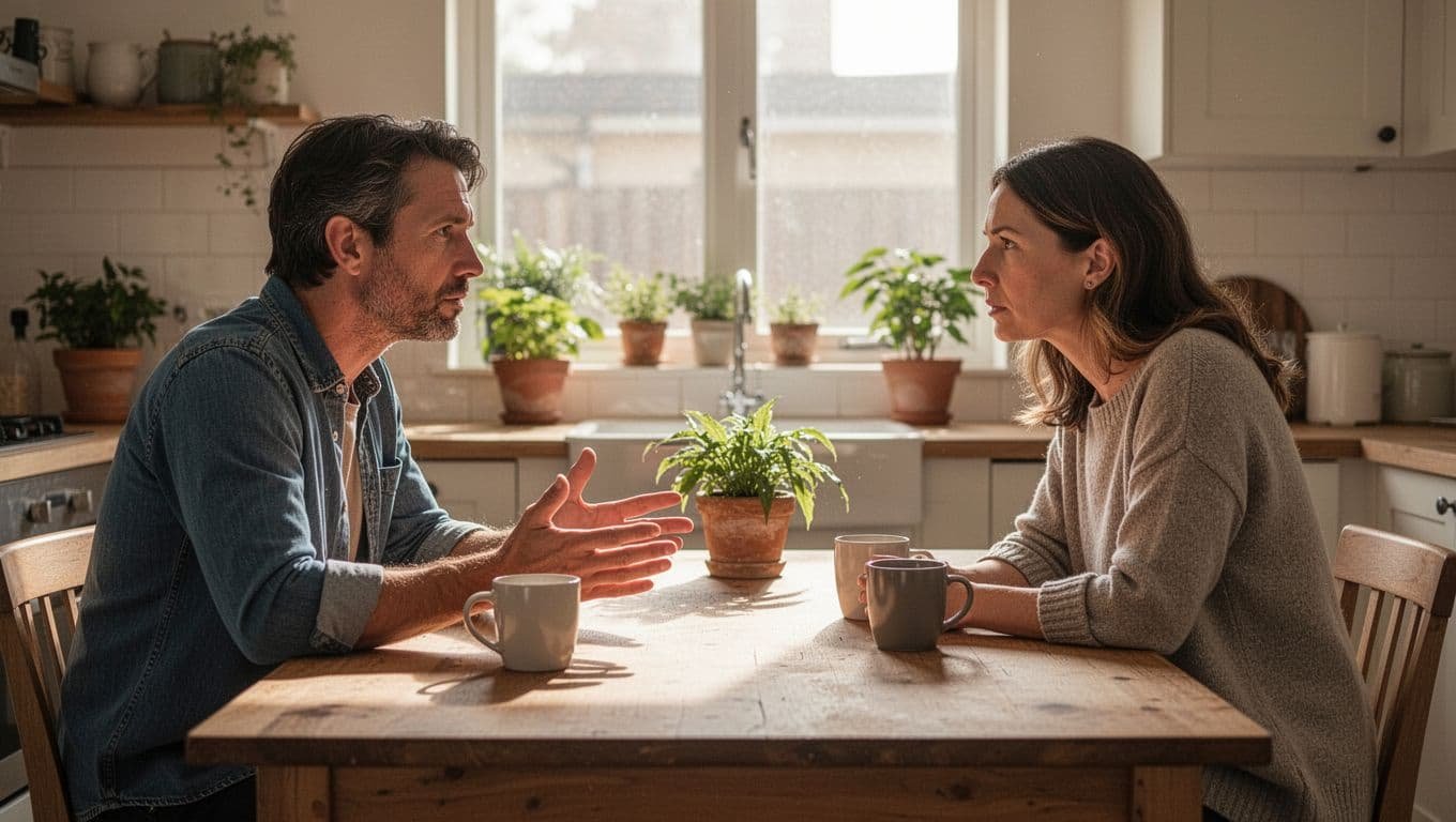 Couple in 30s sits face-to-face across wooden kitchen table, one gesturing openly during calm serious conversation.