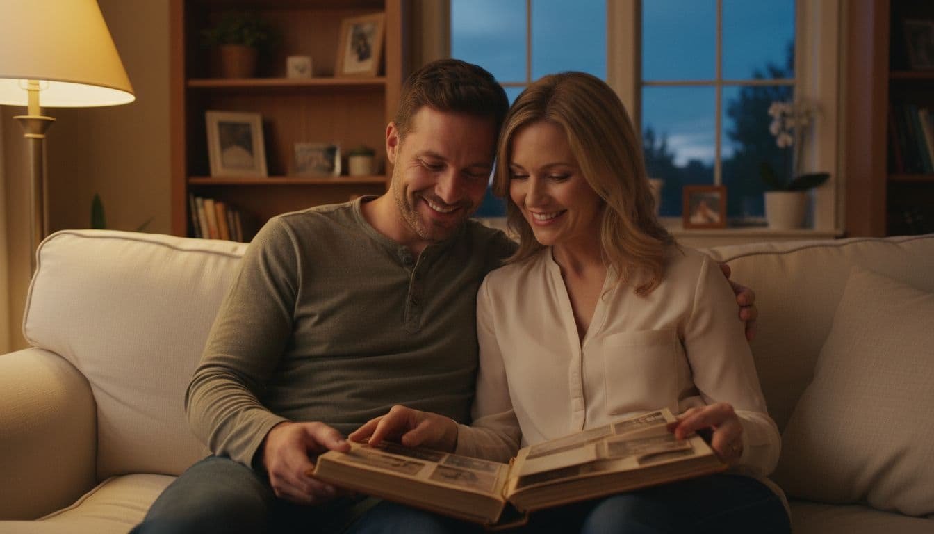 Couple in 30s sits close on living room sofa at dusk, flipping through old photo album with soft nostalgic smiles.