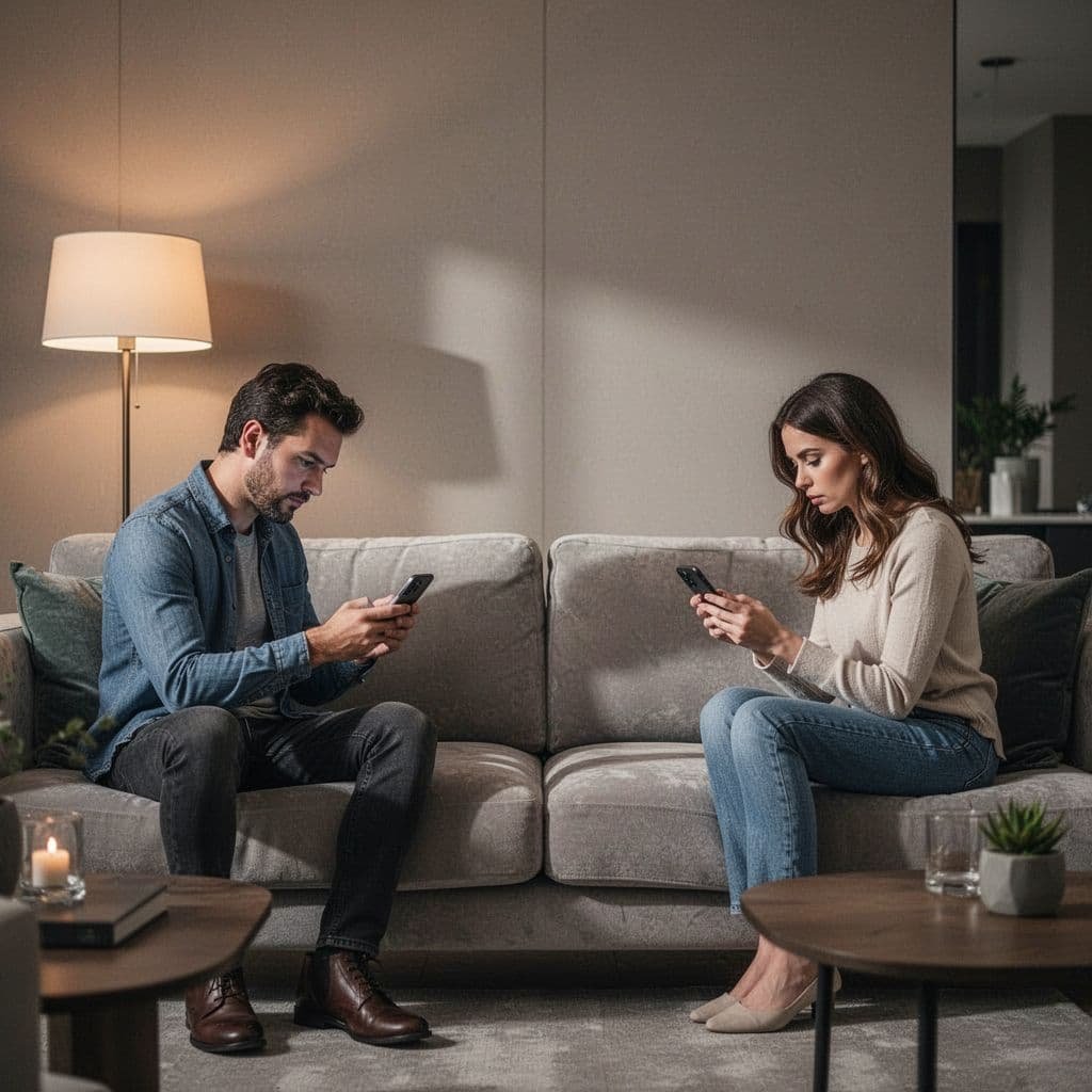 A man and woman sit on opposite ends of a living room couch using their smartphones.