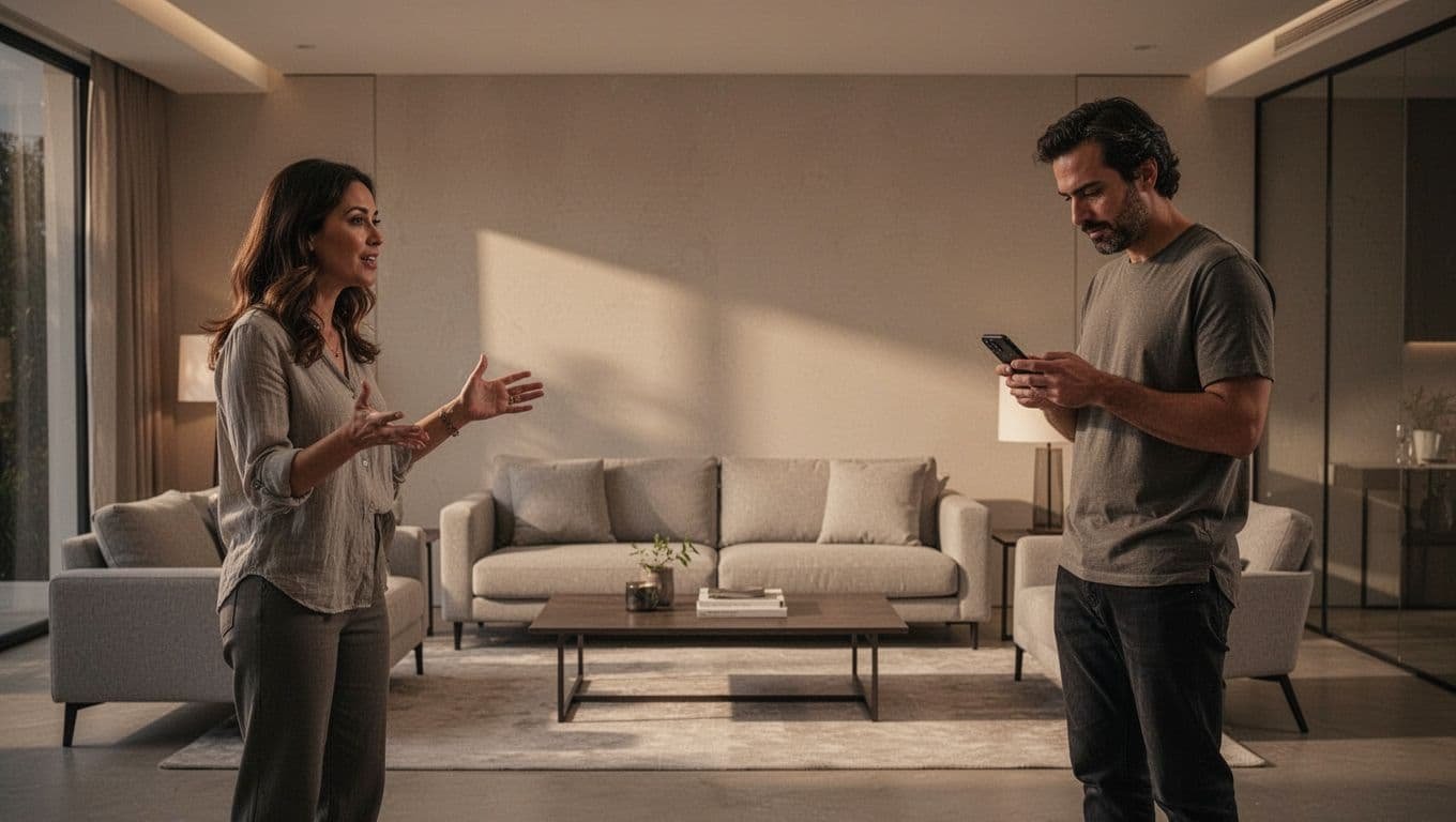 Woman chats with three friends in modern living room while partner stands apart on phone.