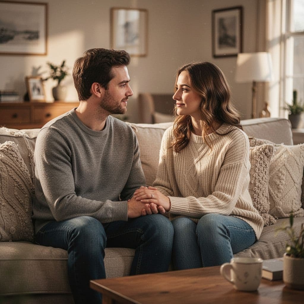 A couple sits on a soft couch in a cozy living room, hands touching, one looking kindly at the other.