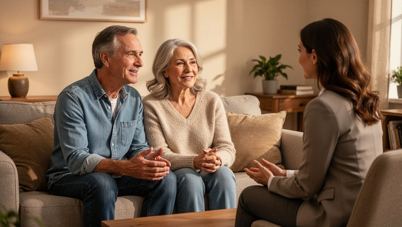 Middle-aged couple sits close on couch facing female therapist in warm office.