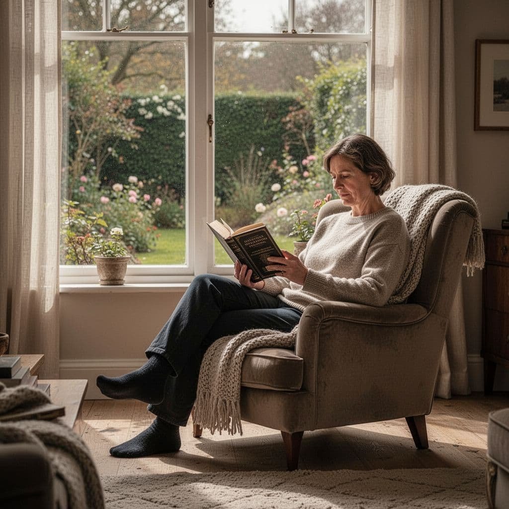 Person sits in armchair by window reading book in soft natural light.