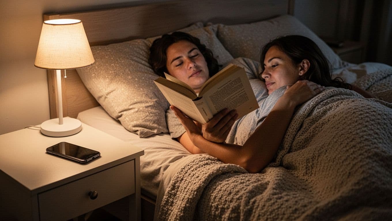 Person lies relaxed in bed reading book under bedside lamp, phone face-down on distant nightstand.