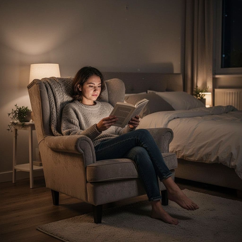 Person sits in armchair reading paper book in simple bedroom with warm night lighting.