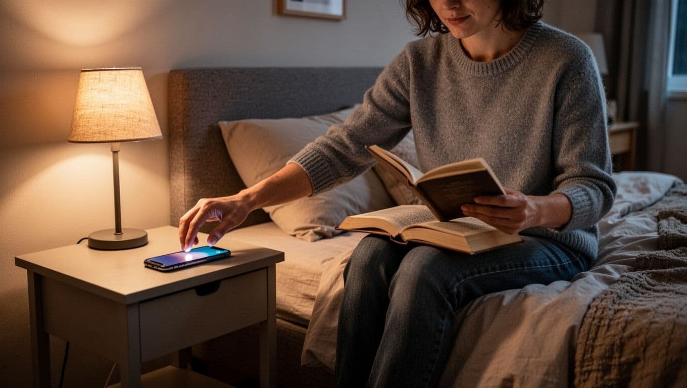 Person places face-down phone on nightstand then sits relaxed on bed with book in evening bedroom.