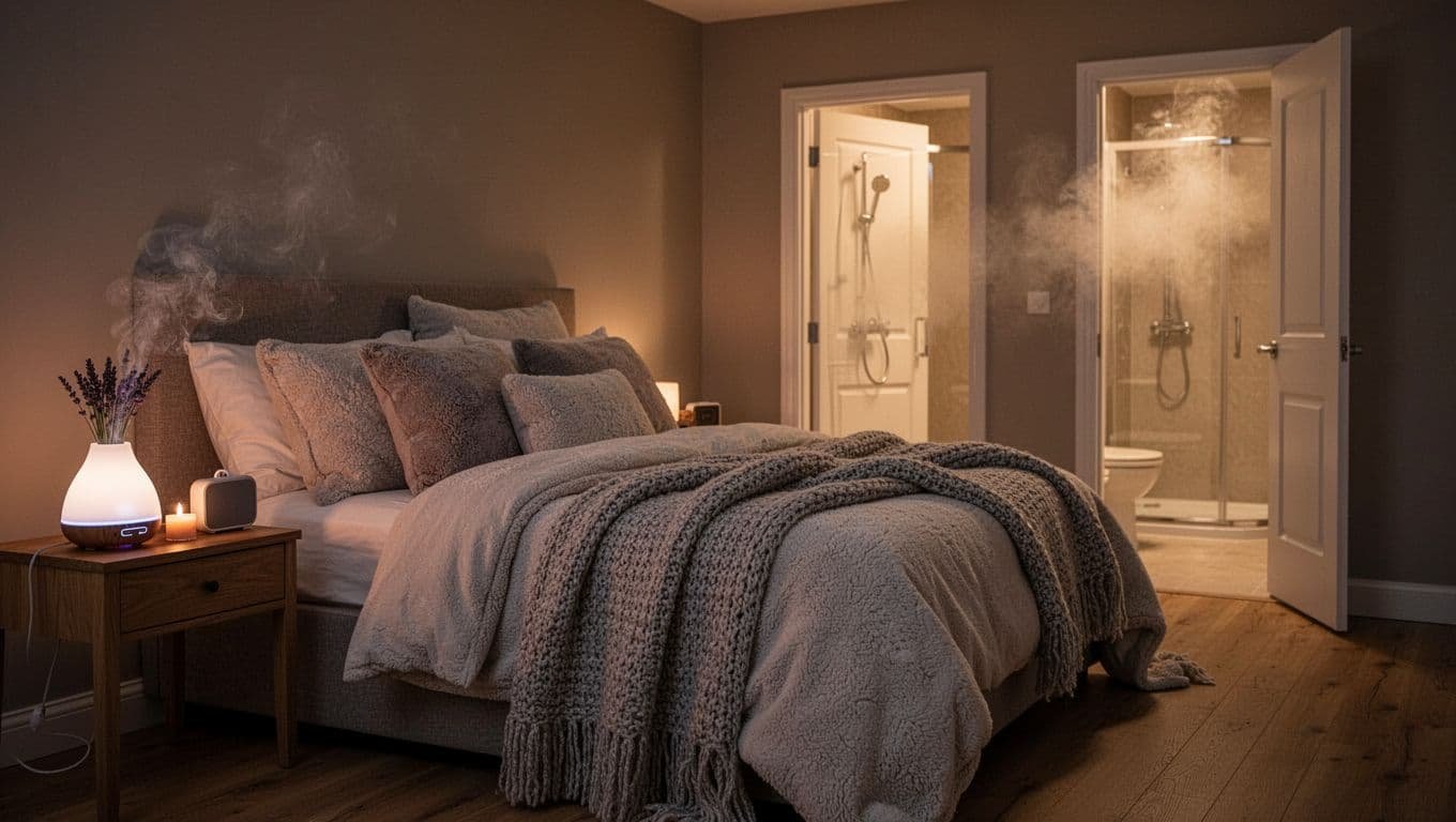 Bed with thick blankets and pillows beside table holding misting diffuser, speaker, and candle; open door reveals steamy bathroom.