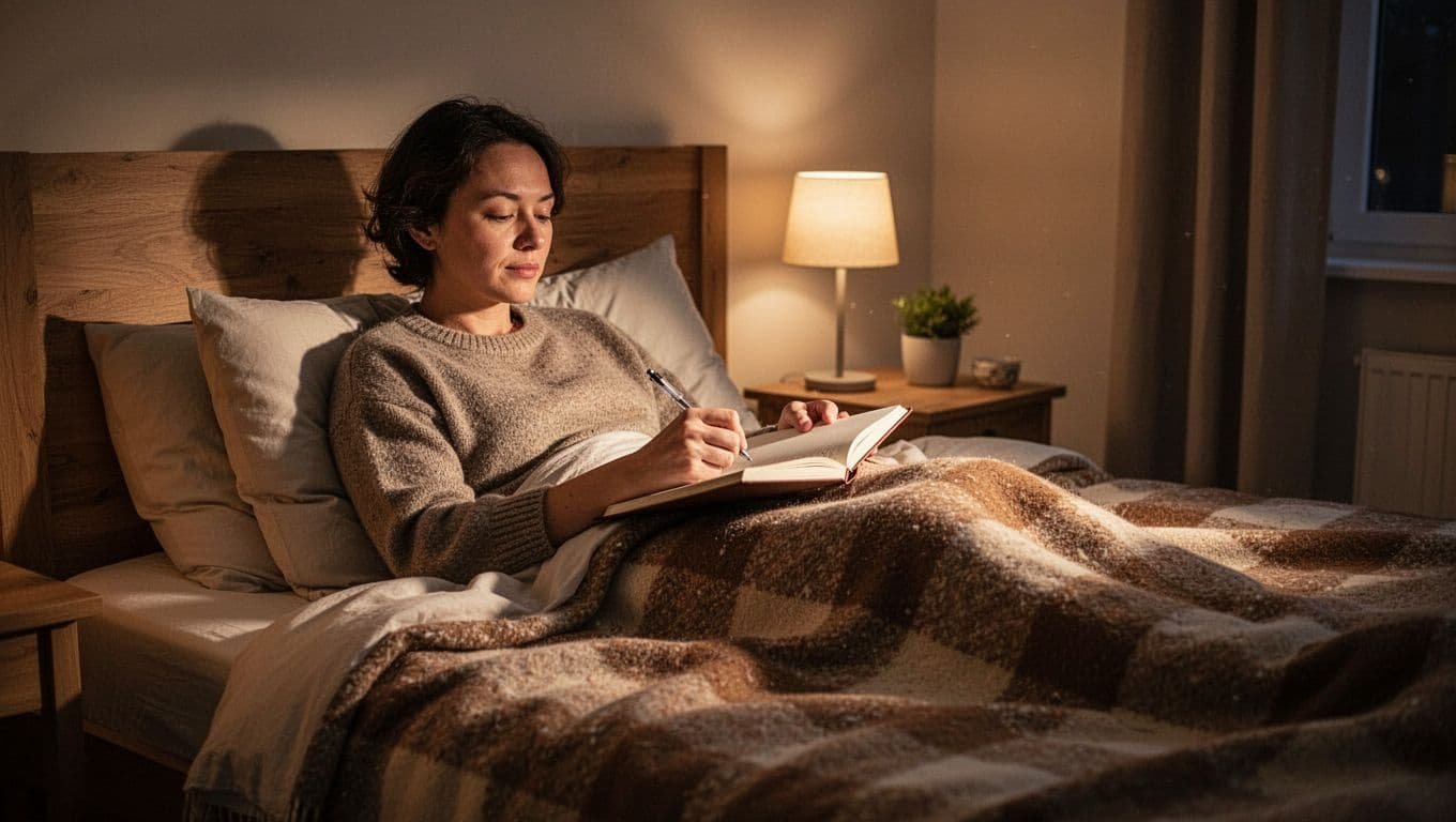 Person propped in bed writing in open notebook on lap under bedside lamp glow.