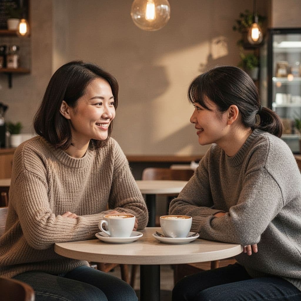 Two people sit in a softly lit cozy cafe, one smiling gently while the other leans in attentively.
