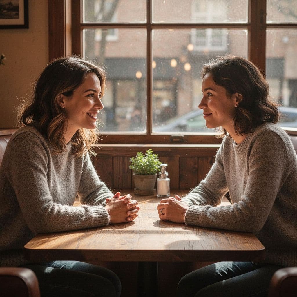 Two people in a sunlit cafe booth lean toward each other, conversing naturally with relaxed postures, one smiling.