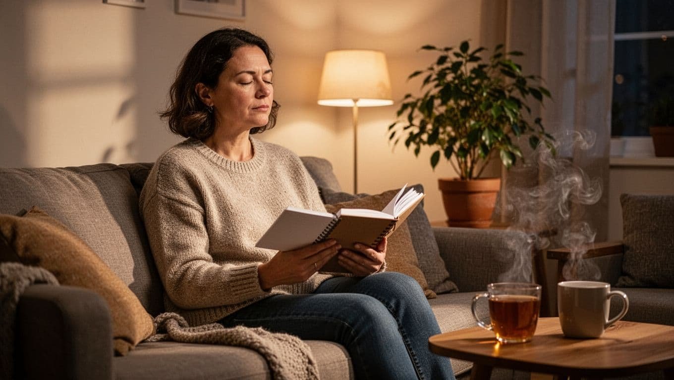 Person sits on couch holding notebook in warmly lit living room with plants and tea mug nearby.