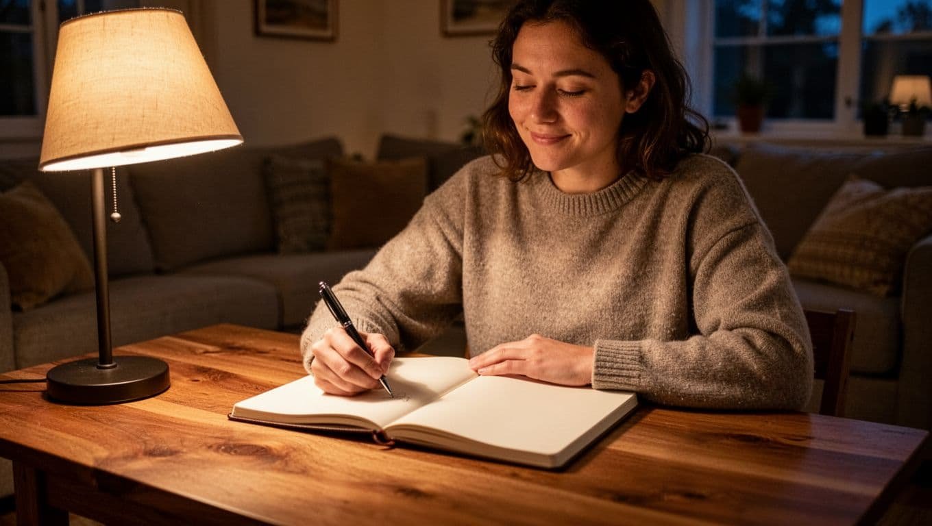 Person sits at wooden desk in living room writing in open notebook under warm lamp light.