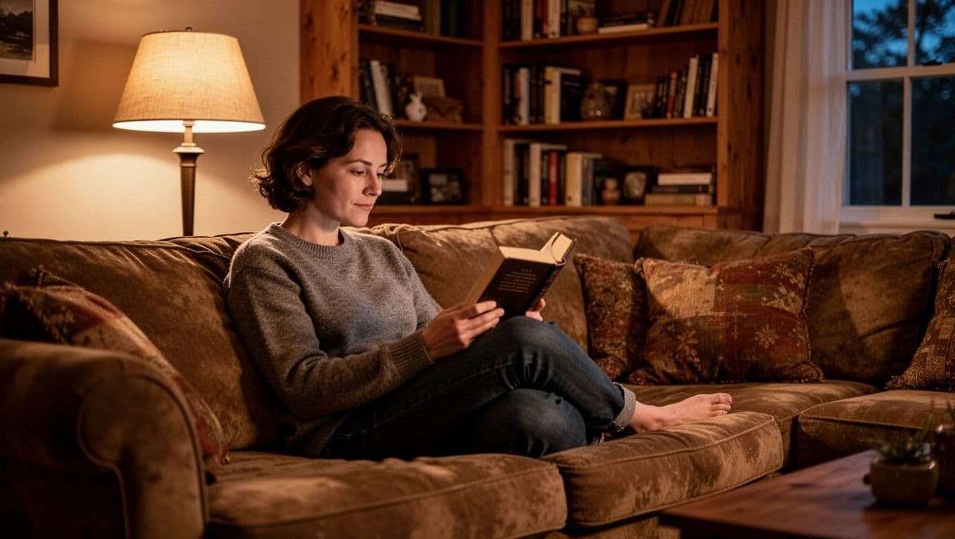 Person sits on cozy couch reading book in softly lit living room with bookshelf background.