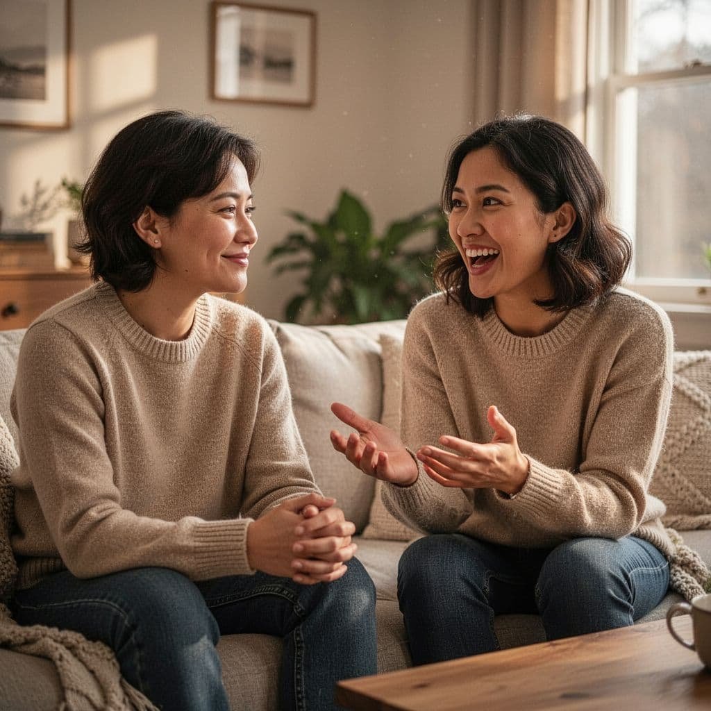 Two people in soft-lit living room; one shares story enthusiastically, other listens with gentle smile.