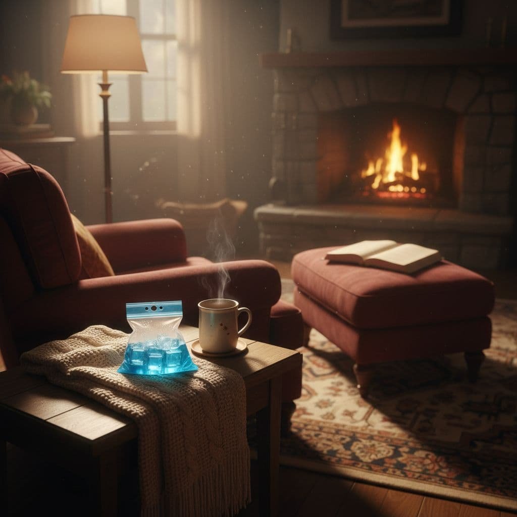A small bag of ice sits on a wooden side table next to a soft blanket in a cozy room.