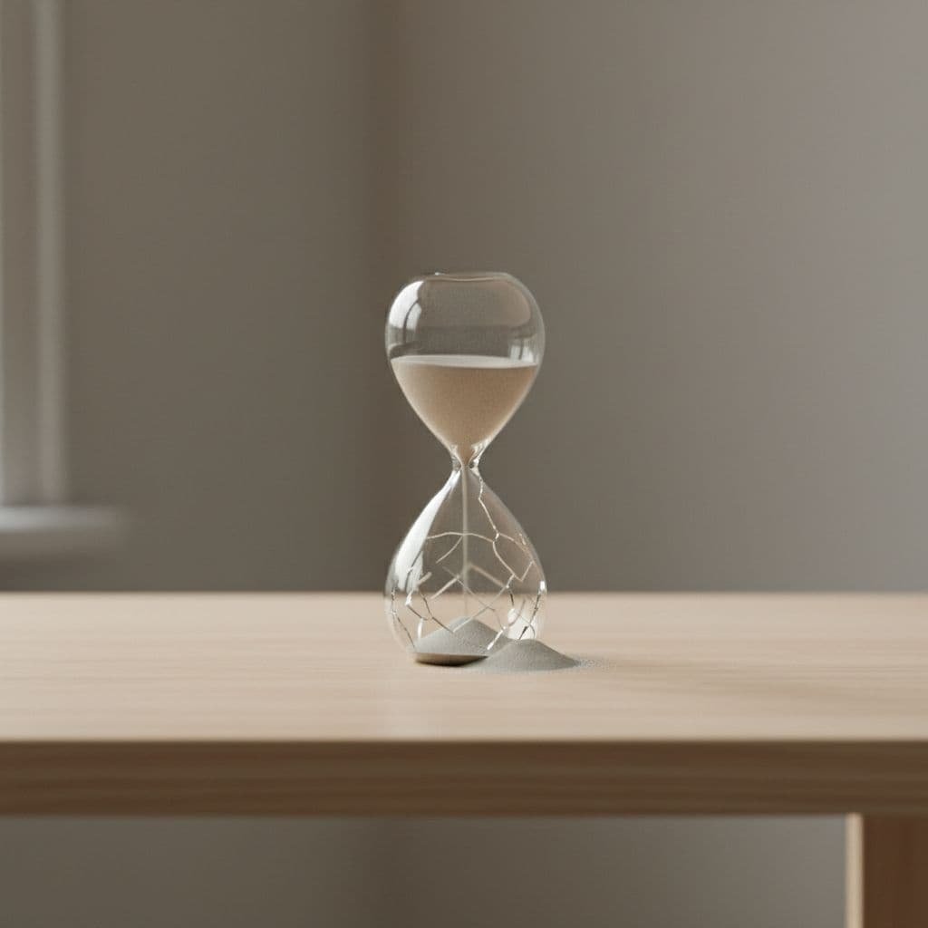 Single hourglass on plain table with sand flowing from top into cracked bottom chamber.