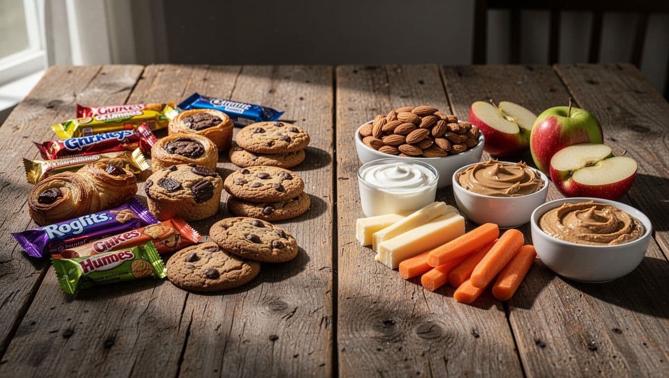 Rustic wooden table split: left sugary candy bars, pastries, cookies; right almonds, Greek yogurt, cheese sticks, apple, peanut butter, carrots, hummus.