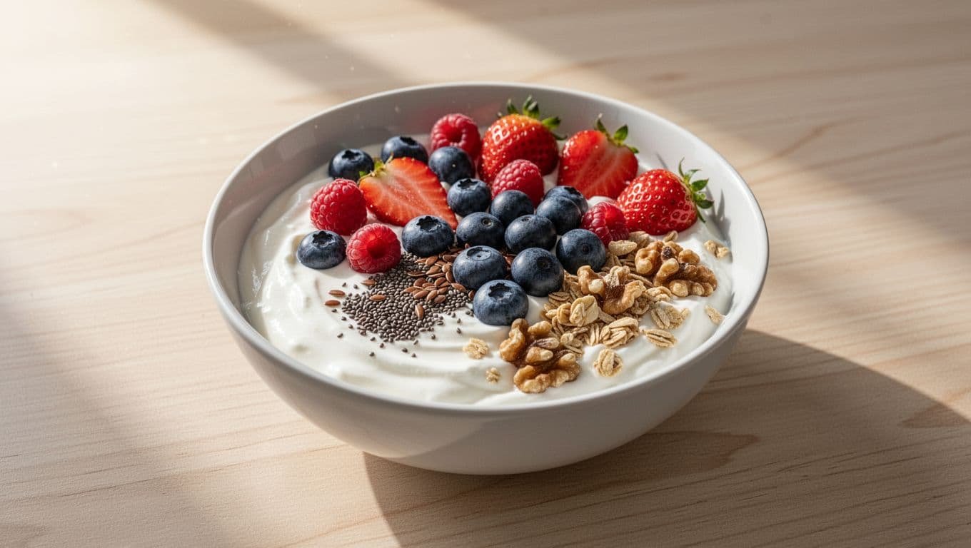 Bowl of thick Greek yogurt topped with mixed berries, chia seeds, flaxseeds, walnuts, and granola on a light wooden table.