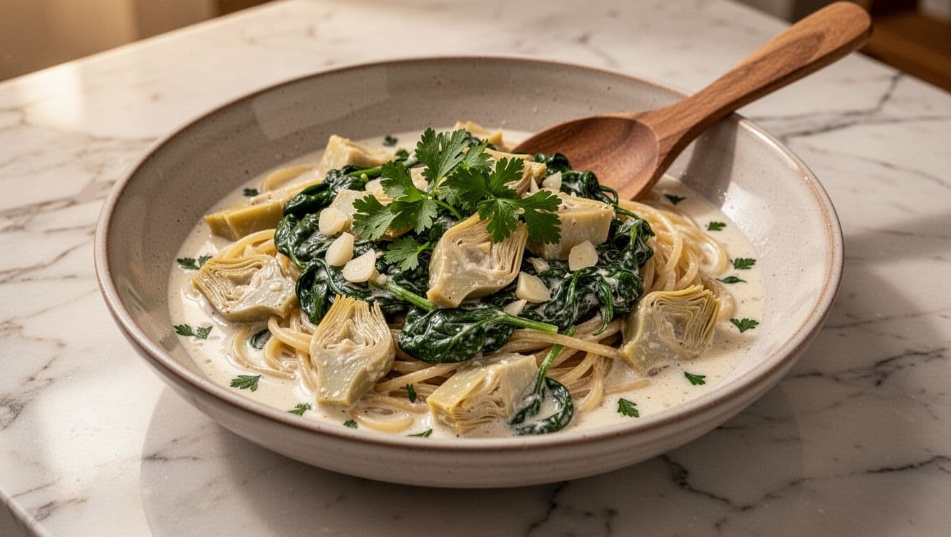 Shallow bowl of creamy pasta with wilted spinach, artichoke hearts, garlic flecks, topped with parsley, wooden spoon on edge, on marble countertop.
