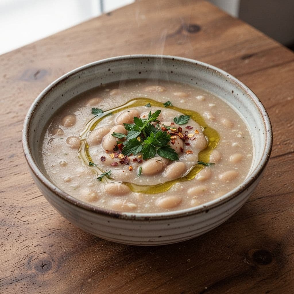 A rustic ceramic bowl of creamy white bean soup garnished with olive oil, herbs, and pepper flakes.