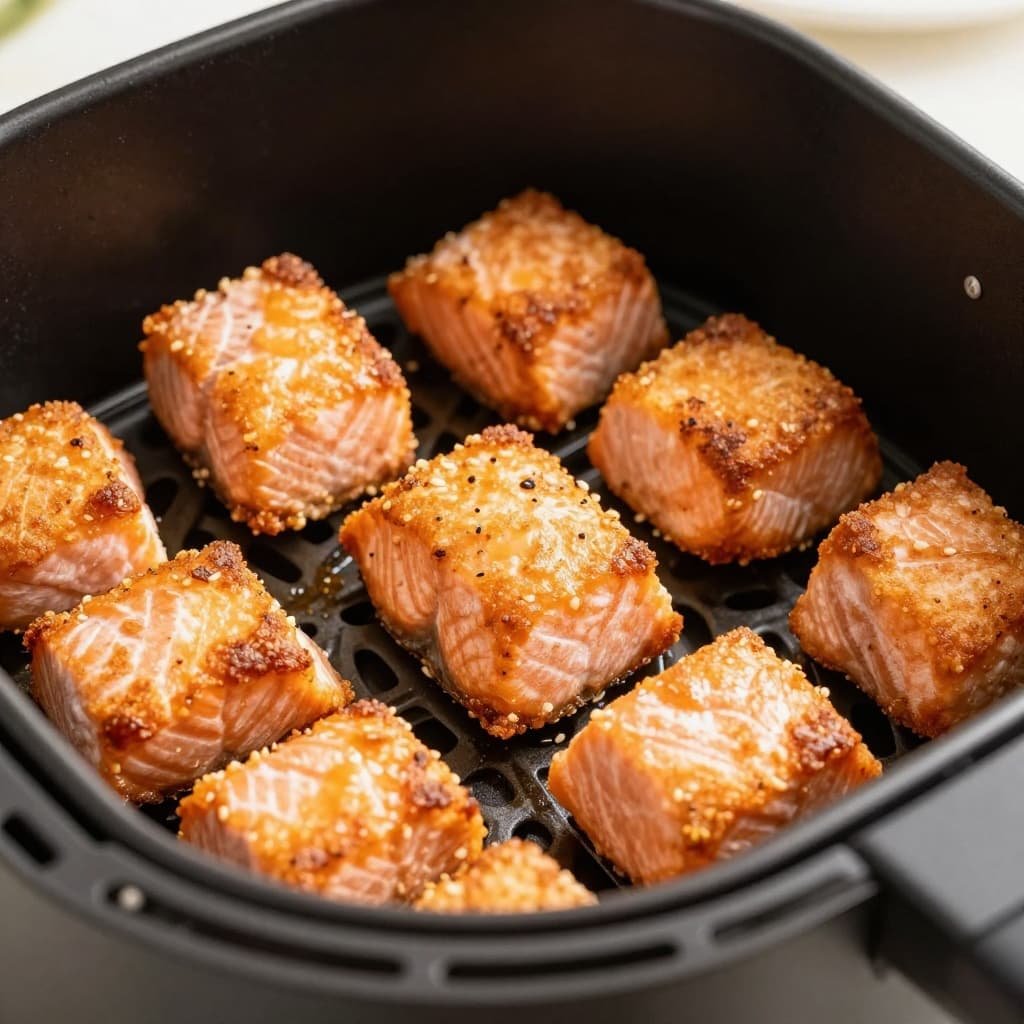 Golden-brown seasoned salmon cubes sit arranged in a clean, metal air fryer basket.
